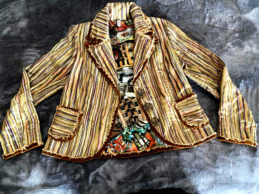 LOOK Designer Striped Avant Garde Boho Art-to-Wear Jacket w Velvet Trim Multi S